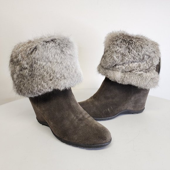 Aquatalia Womens 8 Genuine Fur Taupe Suede Fold Over Wedge Heel Back Zip Boots - Picture 4 of 15